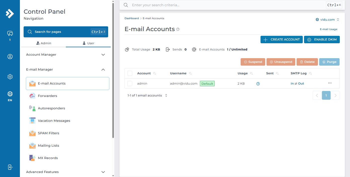 Trang E-mail Accounts với các cột Account, Username, Usage, Sent và SMTP Log