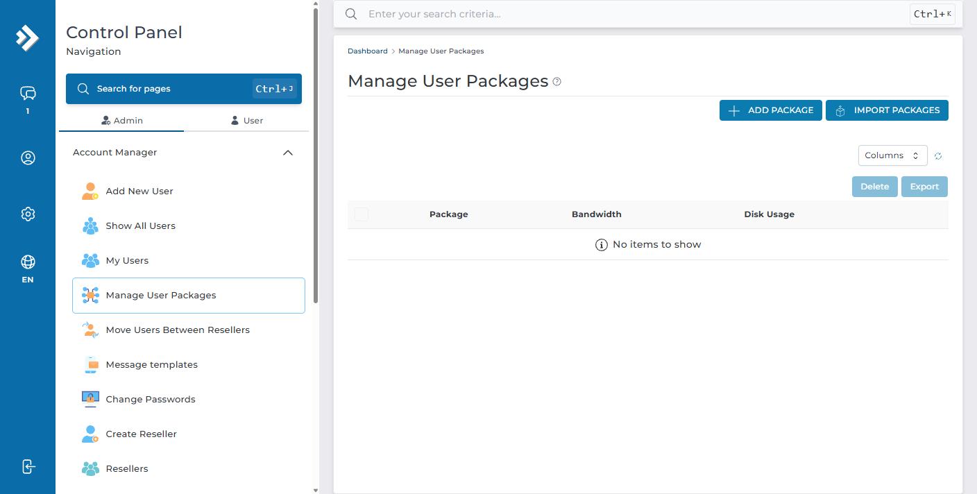 Trang Manage User Packages, cùng nhóm Account Manager với Add New User và Change Passwords