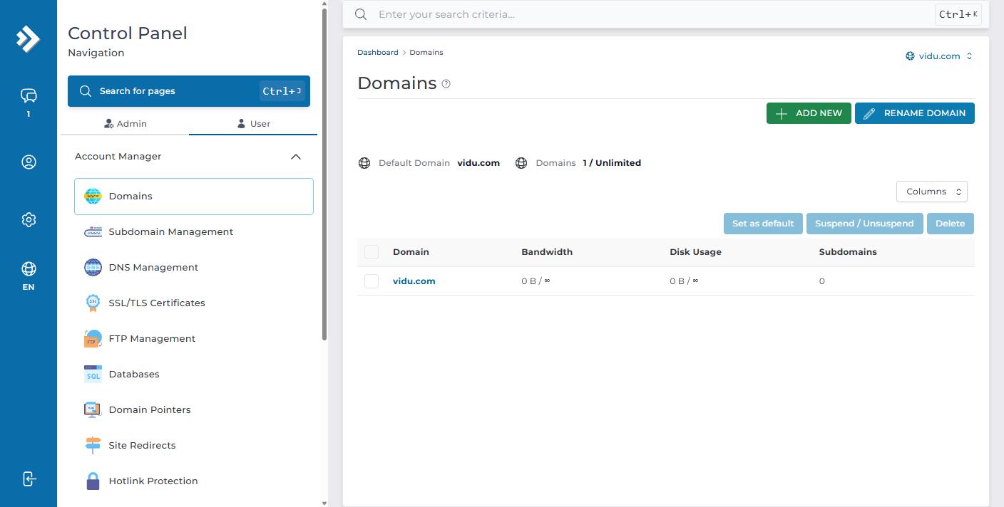 Trang Domains với nút ADD NEW và danh sách tên miền