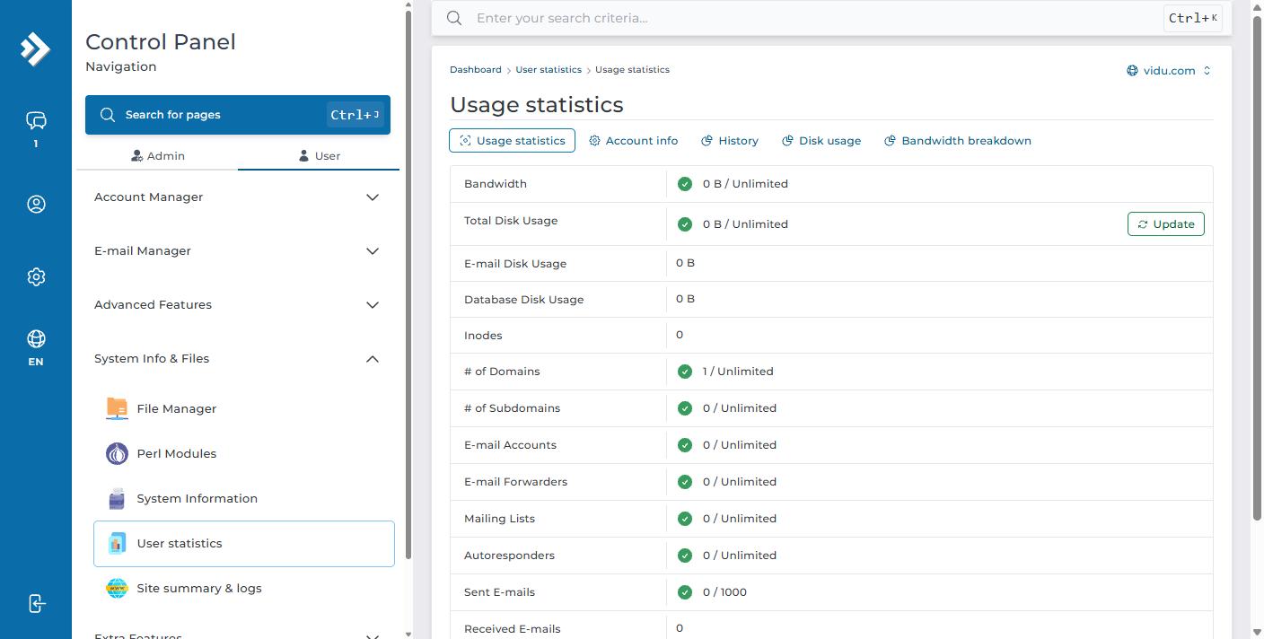 Trang Usage statistics với dung lượng, băng thông và số inode